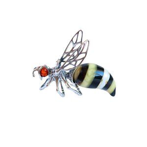 Baltic Amber Large Bee Pendant Necklace in 925 Sterling Silver
